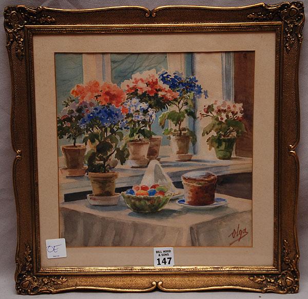 Olga (Grand Duchess) Alexandrovna (RUSSIAN, 1882-1: Olga (Grand Duchess) Alexandrovna (RUSSIAN, 1882-1960), Watercolor, "Russian Easter" 10"x10"