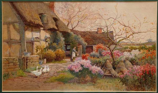 GEORGE H. HUGHES, British 1839-1921, "Woman In Cot: GEORGE H. HUGHES, British 1839-1921, "Woman In Cottage Garden With Geese and Bee Hives" watercolor 11" x 19", signed lower right, framed