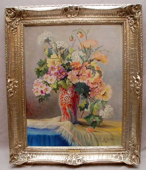 Dutch School (20th Century) oil on canvas by H. Sc: Dutch School (20th Century) oil on canvas by H. Schiele Still life flowers in vase on table, 20"x16"