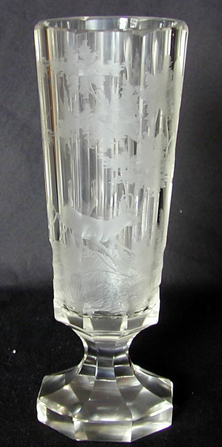 MOSER ART GLASS SCENIC VASE, 7 7/8"H A finely etch: MOSER ART GLASS SCENIC VASE, 7 7/8"H A finely etched unsigned Moser art glass vase depicting a Black Forest scene of antlered stag running, stem pedestal w/ octagonal base, 7 7/8"H x 2 7/8"W, very goo