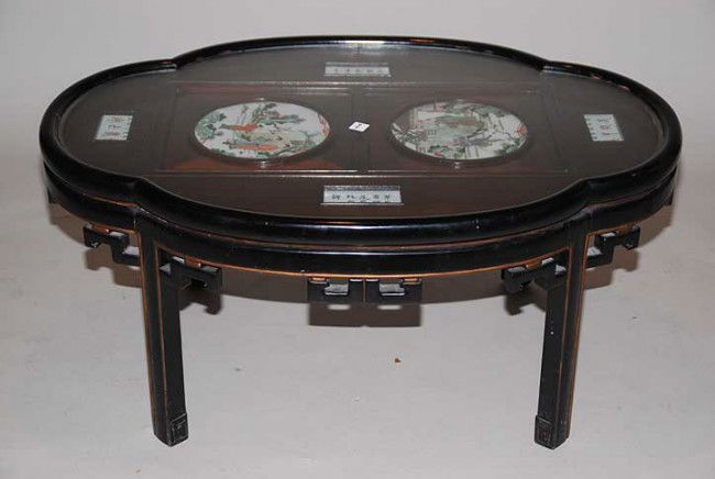 Chinese oval glass top table with antique mounted: Chinese oval glass top table with antique mounted plaques, 18"h x 39"w x 27"d