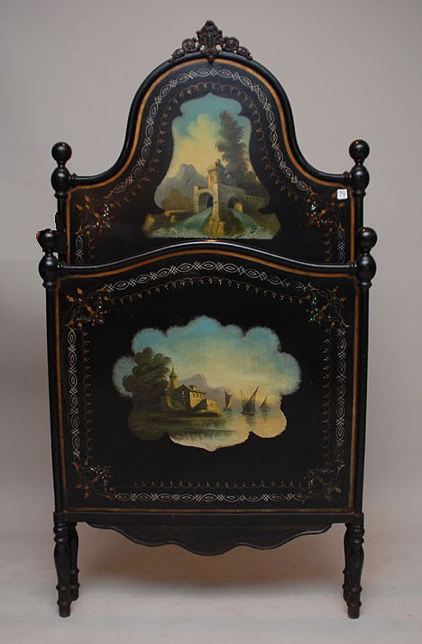 Antique Italian tole bed frame including head and f: Antique Italian tole bed frame including head and foot board, exaggerated arch with painted bridge and river scenes on headboard and footboard