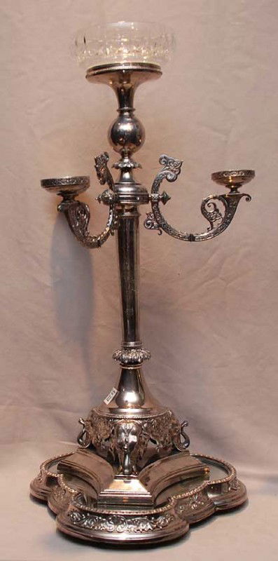 Impressive Victorian Elkington silver plate 3 branc: Impressive Victorian Elkington silver plate 3 branch candelabra trifed base with elephant heads leading to engraved column & 3 arms, 24" h, sold with 19th century clover shape mirrored plateau, 24"h x