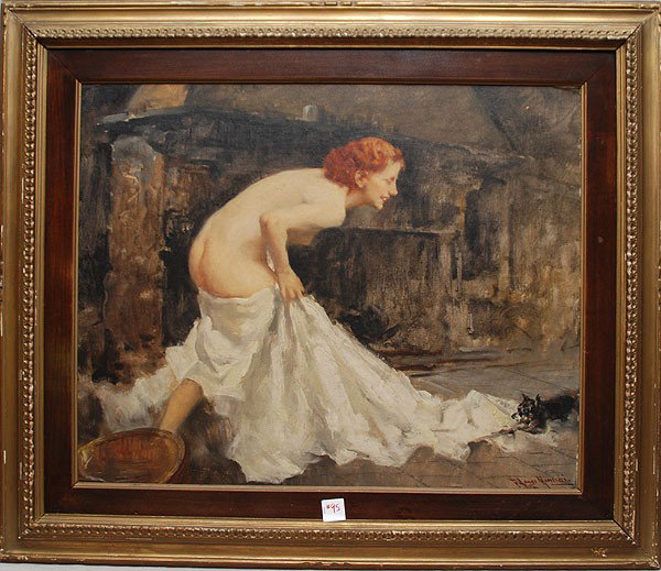 Francesco Longo Mancini (ITALIAN, 1880-1941) oil on: Francesco Longo Mancini (ITALIAN, 1880-1941) oil on canvas laid on board, Nude woman w/ cat pulling covers, 19"x25"