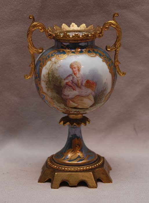 Miniature bulbous French porcelain and dore` bron: Miniature bulbous French porcelain and dore` bronze urn, 5"h