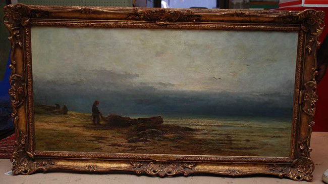James Alfred Aitken (English, 1846-1933), "Misty: James Alfred Aitken (English, 1846-1933), "Misty Morning", oil on canvas, signed and dated 1874 lower left, 22 1/2" x 45 1/2", in a fine carved and gilded Louis XV style frame