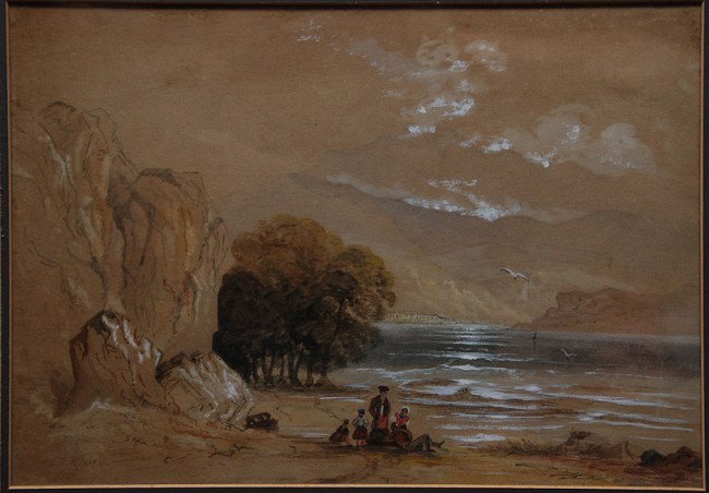 Attributed to William Trost Richards (AMERICAN, 18: Attributed to William Trost Richards (AMERICAN, 1833-1905) Watercolor & Gouache on paper, coastal marine scene in mountainous landscape, 9-1/2" x 13-3/4" signed LL W.T.Richards Provenance on verso rea
