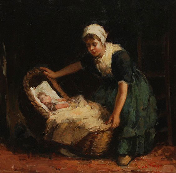 Lammert van der Tonge DUTCH oil Interior Scene: Lammert van der Tonge (DUTCH, 1871-1937) oil on board, Interior mother & child, 12"x11"