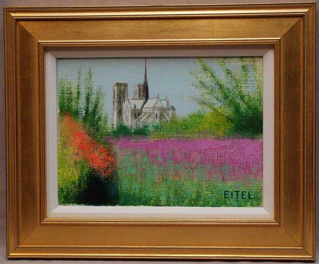 Jacques Eitel (French b. 1926) oil on canvas, Fie: Jacques Eitel (French b. 1926) oil on canvas, Field of Flowers Church in background, 9-1/2"x13"
