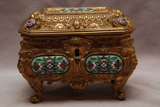 French bronze and enamel jewel casket, 4"h x 6"w x: French bronze and enamel jewel casket, 4"h x 6"w x 3"d