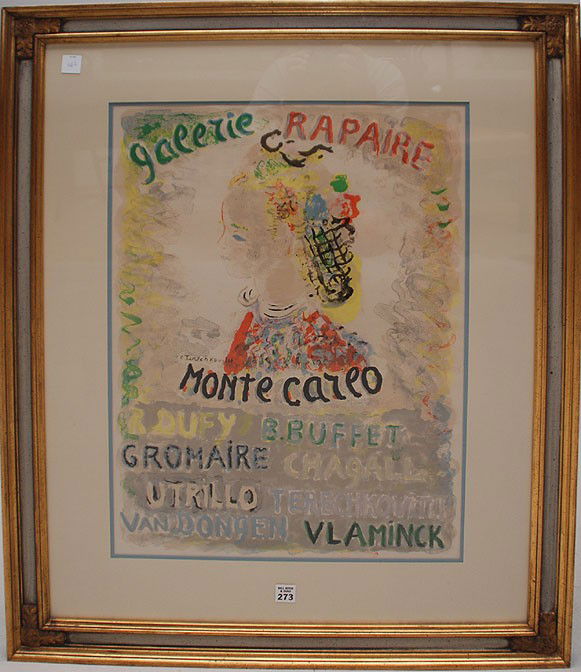 Constantin Terechkovitch (RUSSIAN, 1902-1978) Lith: Constantin Terechkovitch (RUSSIAN, 1902-1978) Lithograph, "Galerie Rapaire" Monte Carlo, 25"x18"sight