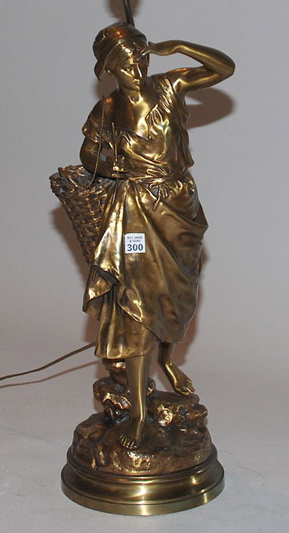 Patinated bronze figural lamp, maiden with basket : Patinated bronze figural lamp, maiden with basket of fish, impressed E. Laurent, 28"h to harp