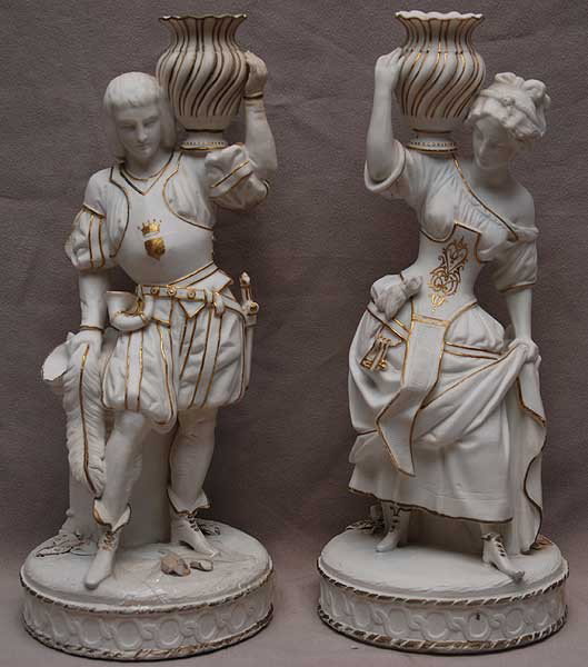 Pr. Parian figural candle holders with gilt accent: Pr. Parian figural candle holders with gilt accents, impressed Chantilly