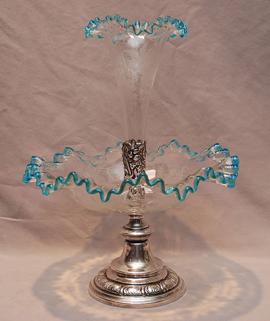 Silver & glass epergne, 15"h x 11"w: Silver & glass epergne, 15"h x 11"w