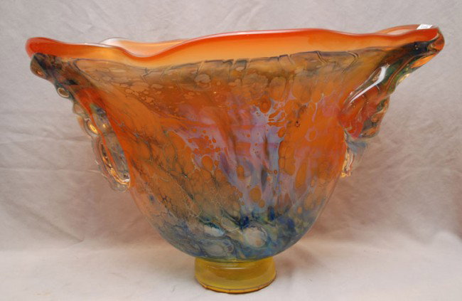 Huge orange & multi-colored glass centerpiece, sig: Huge orange & multi-colored glass centerpiece, signed Chuck Boux, 16"h x 25"w x 11"d