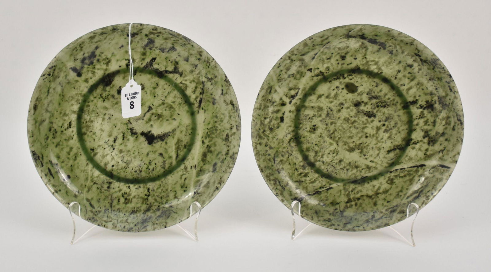PAIR CHINESE SPINACH JADE PLATES.  Each with mark in (1 of 6)