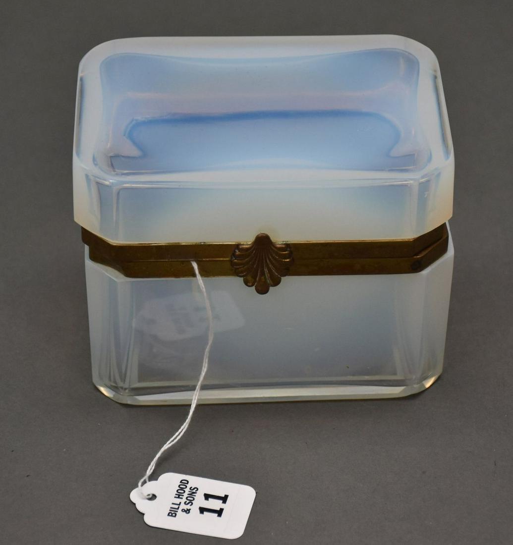 ANTIQUE FRENCH OPALINE GLASS & BRASS BOX. Condition:: ANTIQUE FRENCH OPALINE GLASS & BRASS BOX. Condition: only minor normal wear. Ht. 4 1/2" Width 5 1/2" Depth 3 3/4"
