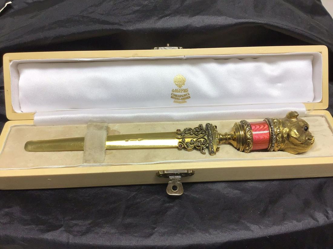 Russian Antique Silver Bull Dog Letter openerBeautiful: Russian Antique Silver Bull Dog Letter openerBeautiful Antique Russian Silver enamel rose cut diamond letters opener stamped 84 and maker marks , 8” long.