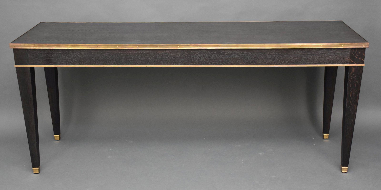Black Console, Brass Trim on Tapered Square Legs, 29: Black Console, Brass Trim on Tapered Square Legs, 29 1/2"h x 71"w x 22"d