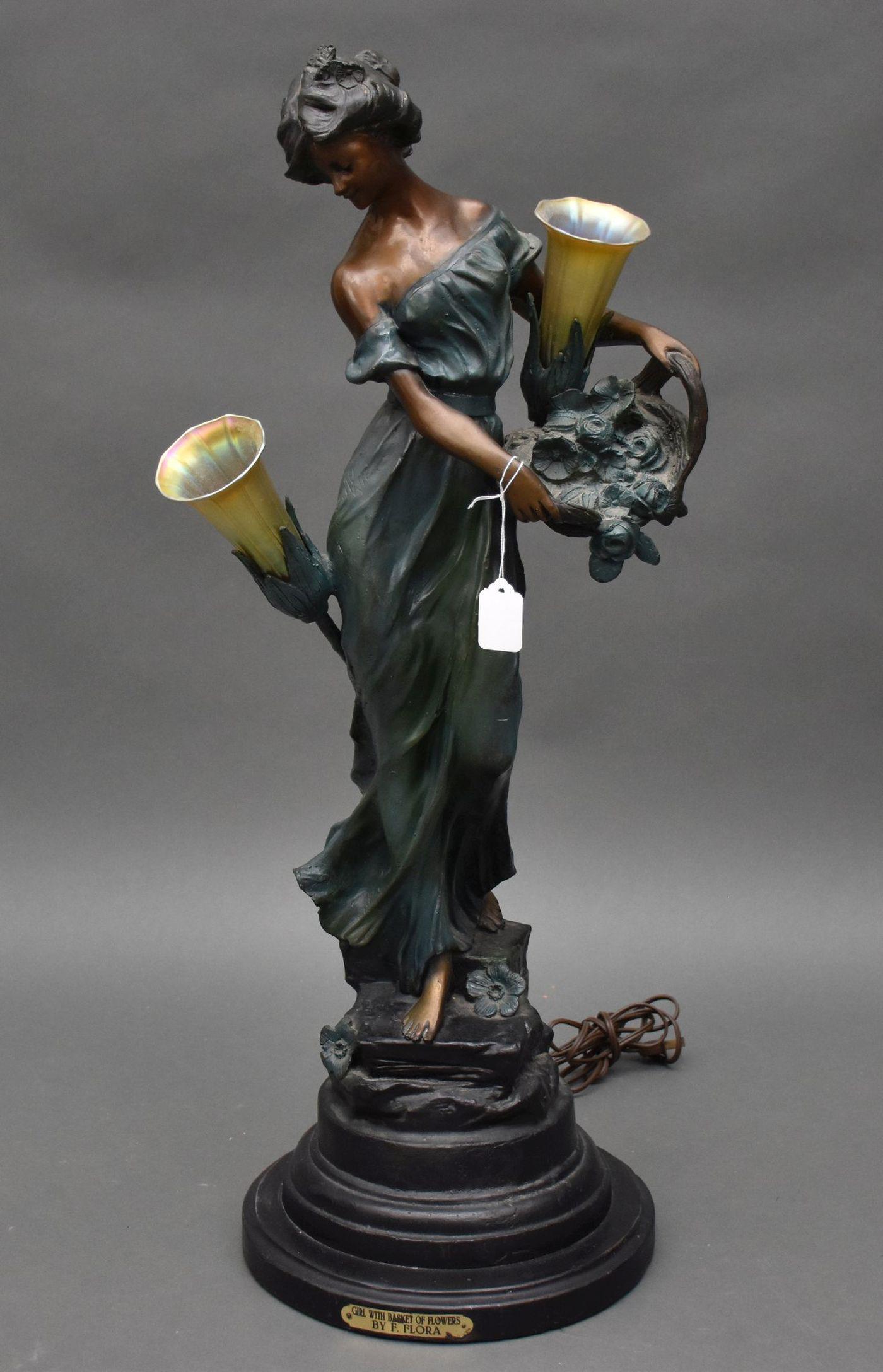 2 Light Bronze Figure," Girl with Basket of Flowers", (1 of 8)