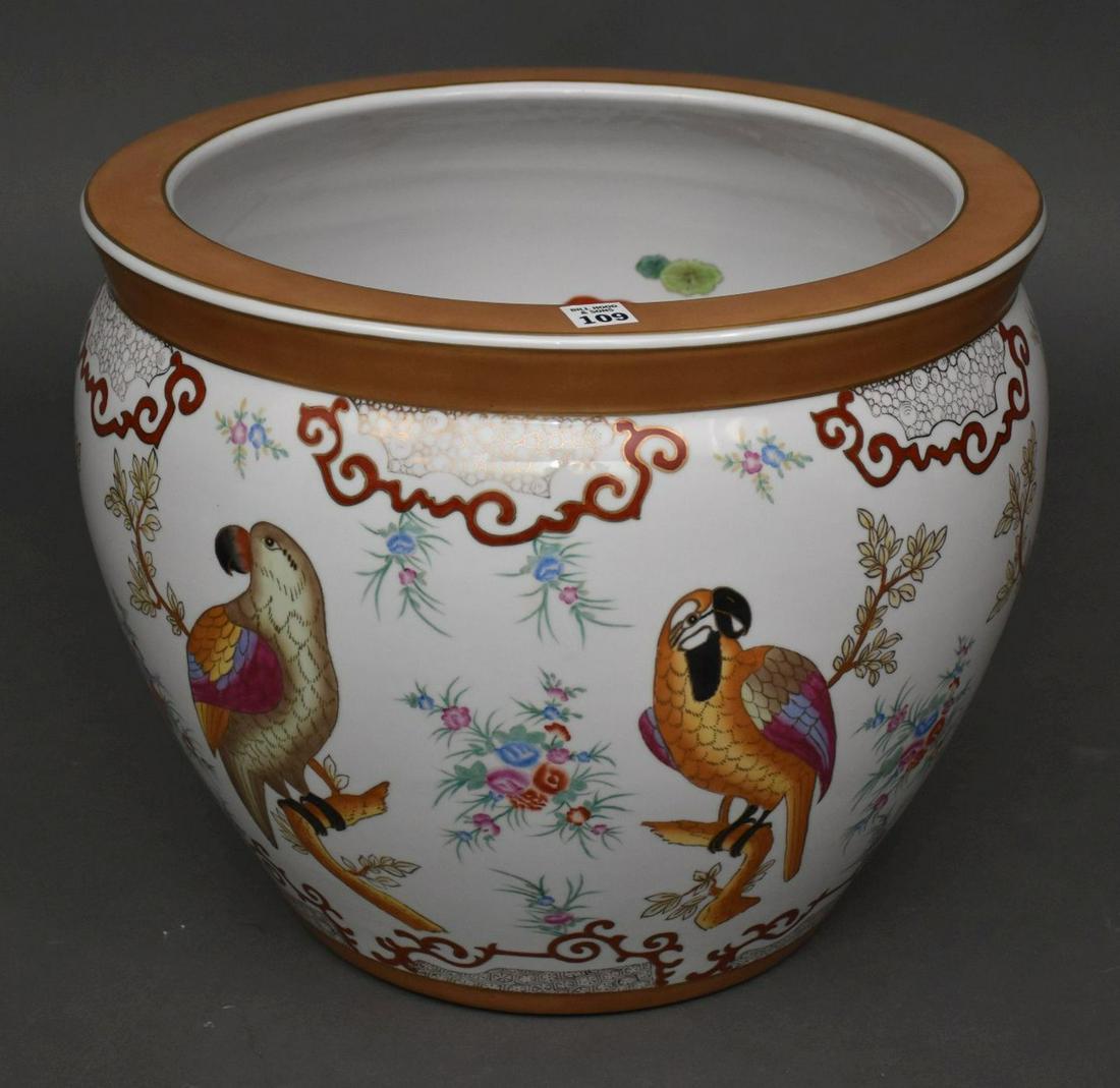 Porcelain Fish Bowl, Chelsea House, Parrot Motif: Porcelain Fish Bowl, Chelsea House, Parrot Motif Outside and Koi Fish Inside Design, 14"h x 17" dia