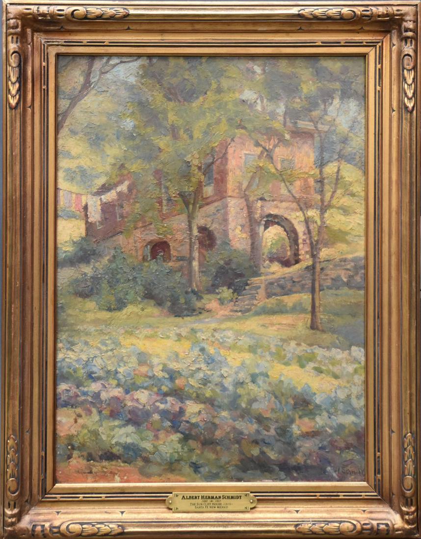 American School oil on canvas, House Painting signed: American School oil on canvas, House Painting signed Schmidt, 24 x 18 inches overall framed size 29-1/2 x 23 inches