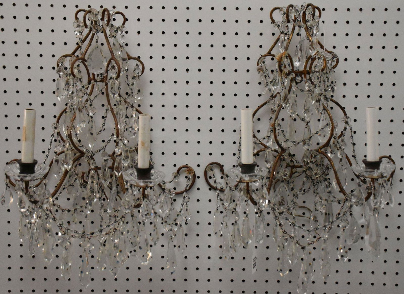 Pair Vintage 2-Light Hanging Crystal Sconces - Gilt (1 of 9)
