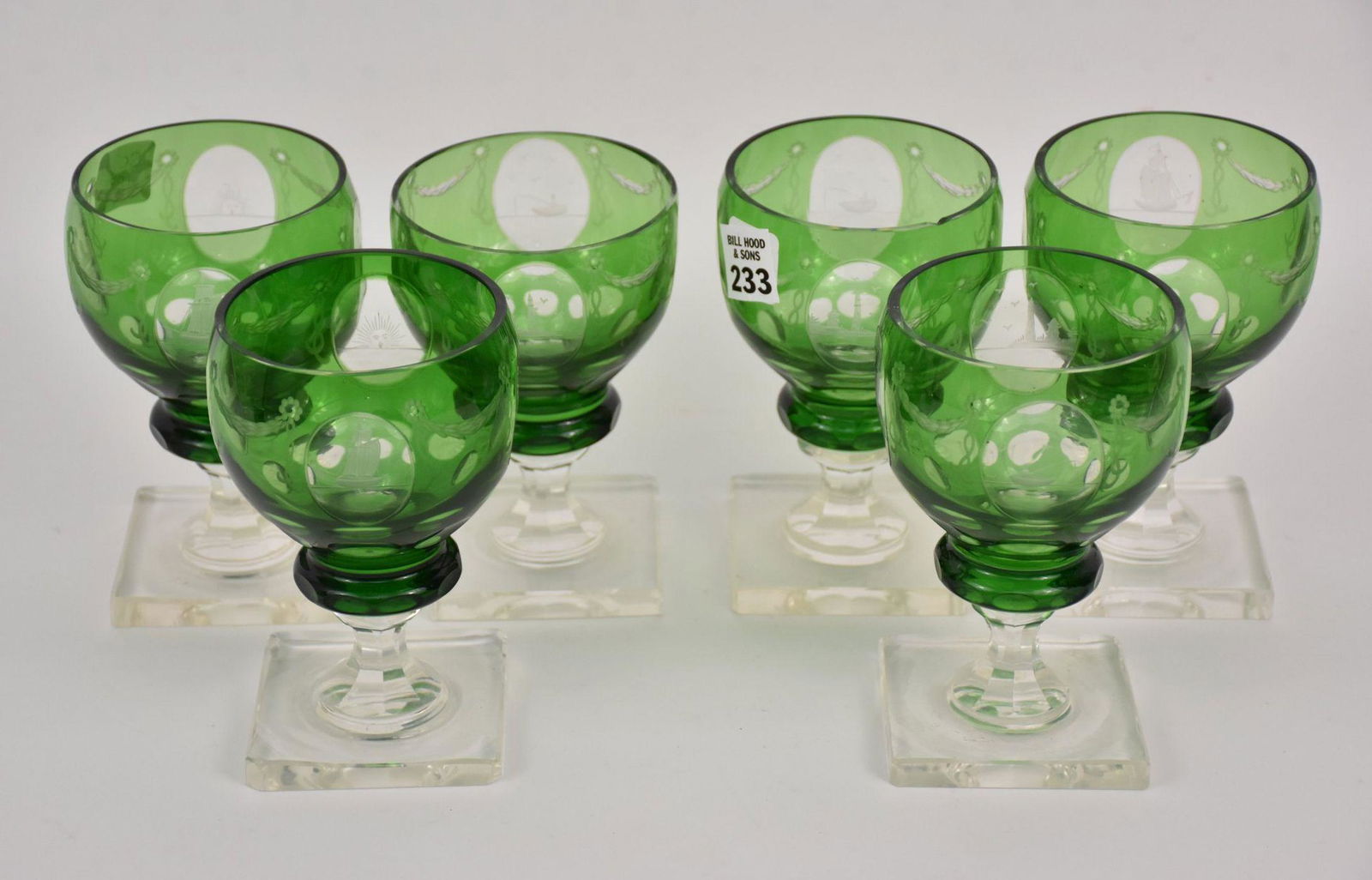 6 Green Cut to Clear Bohemian Water Goblets on Square (1 of 6)