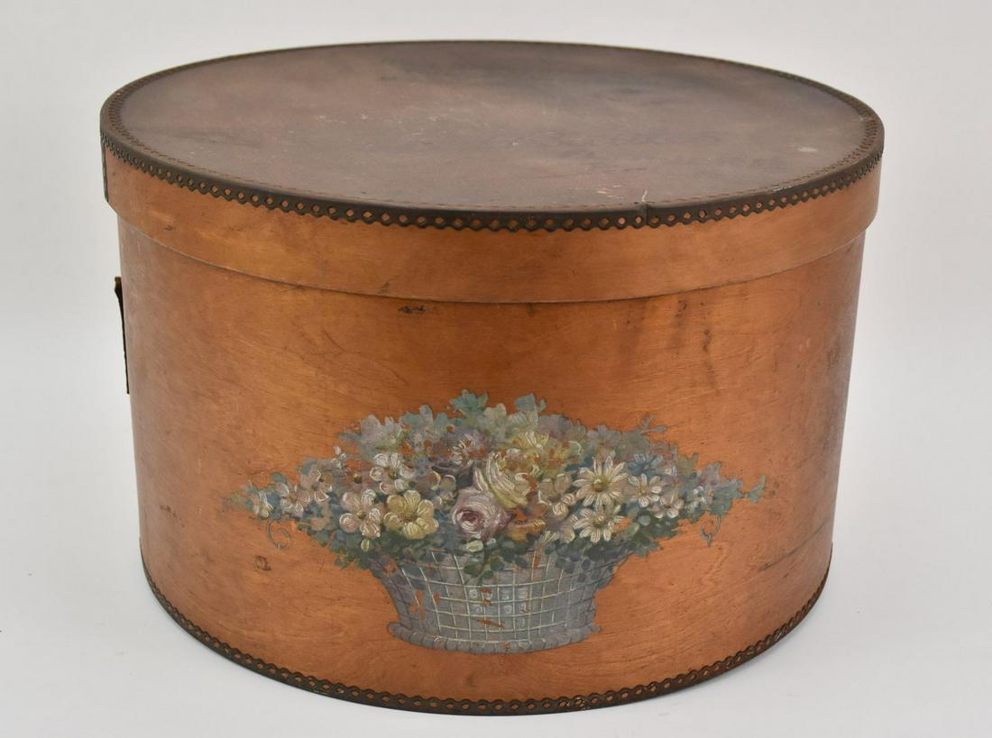 Large Wood Hat Box, Painted Floral Bouquet, Inscribed (1 of 9)