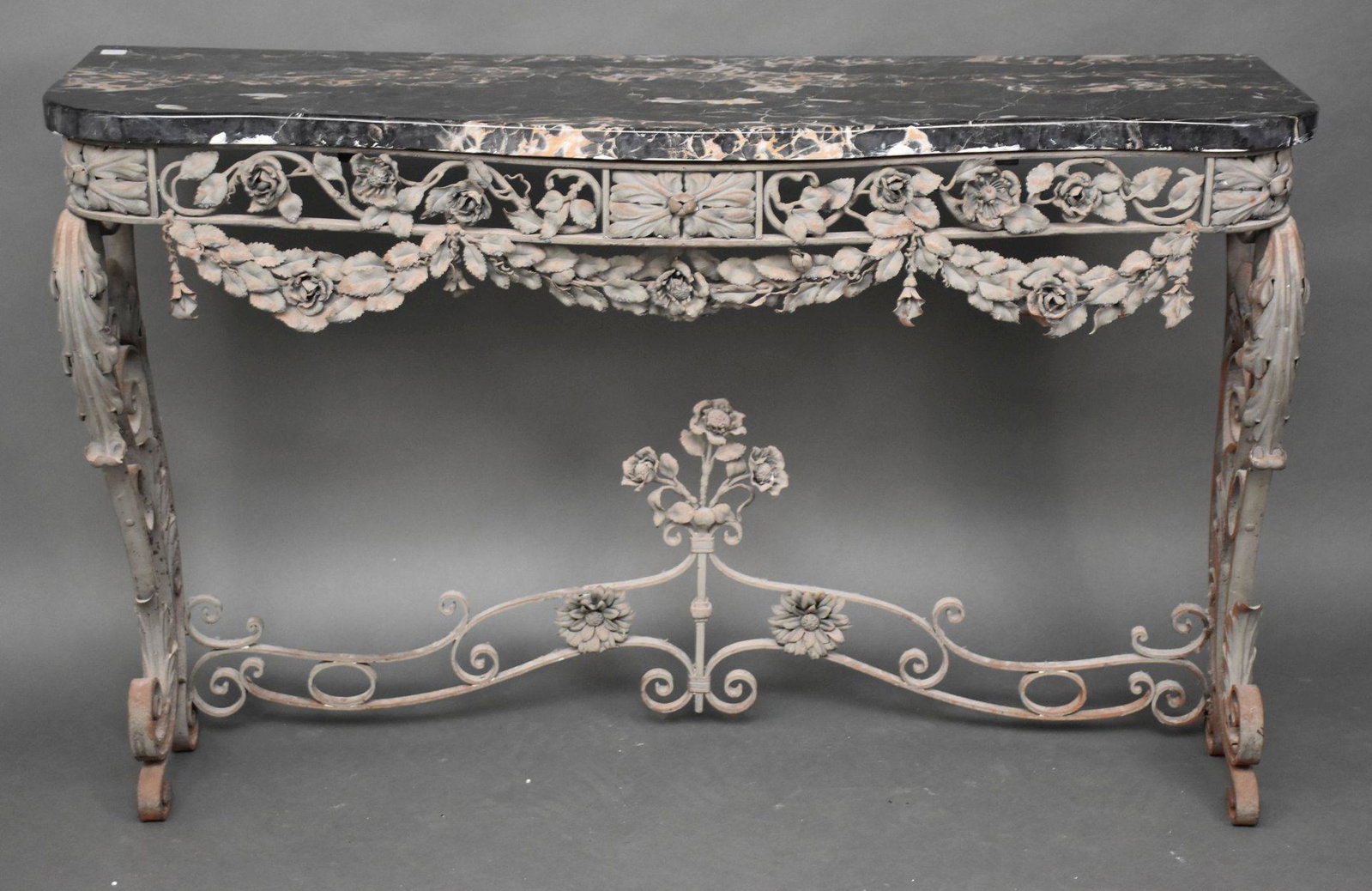 Wrought Iron Console with Scrolling Rosette Pattern,: Wrought Iron Console with Scrolling Rosette Pattern, Black Marble Shaped Top, 32 1/4" H x 51" W x 16 5/8" D