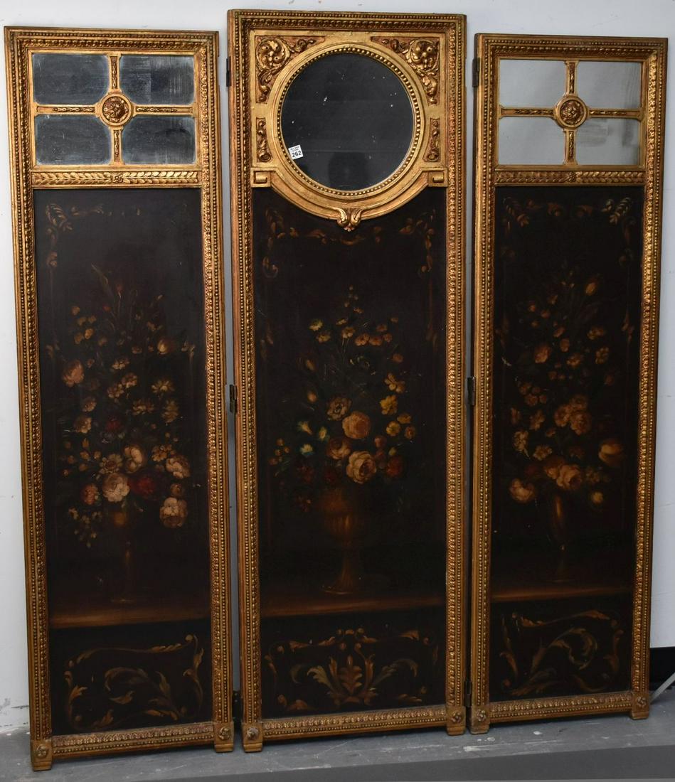3 Panel Gilded Screen with Mirrored Tops Above Painted (1 of 7)