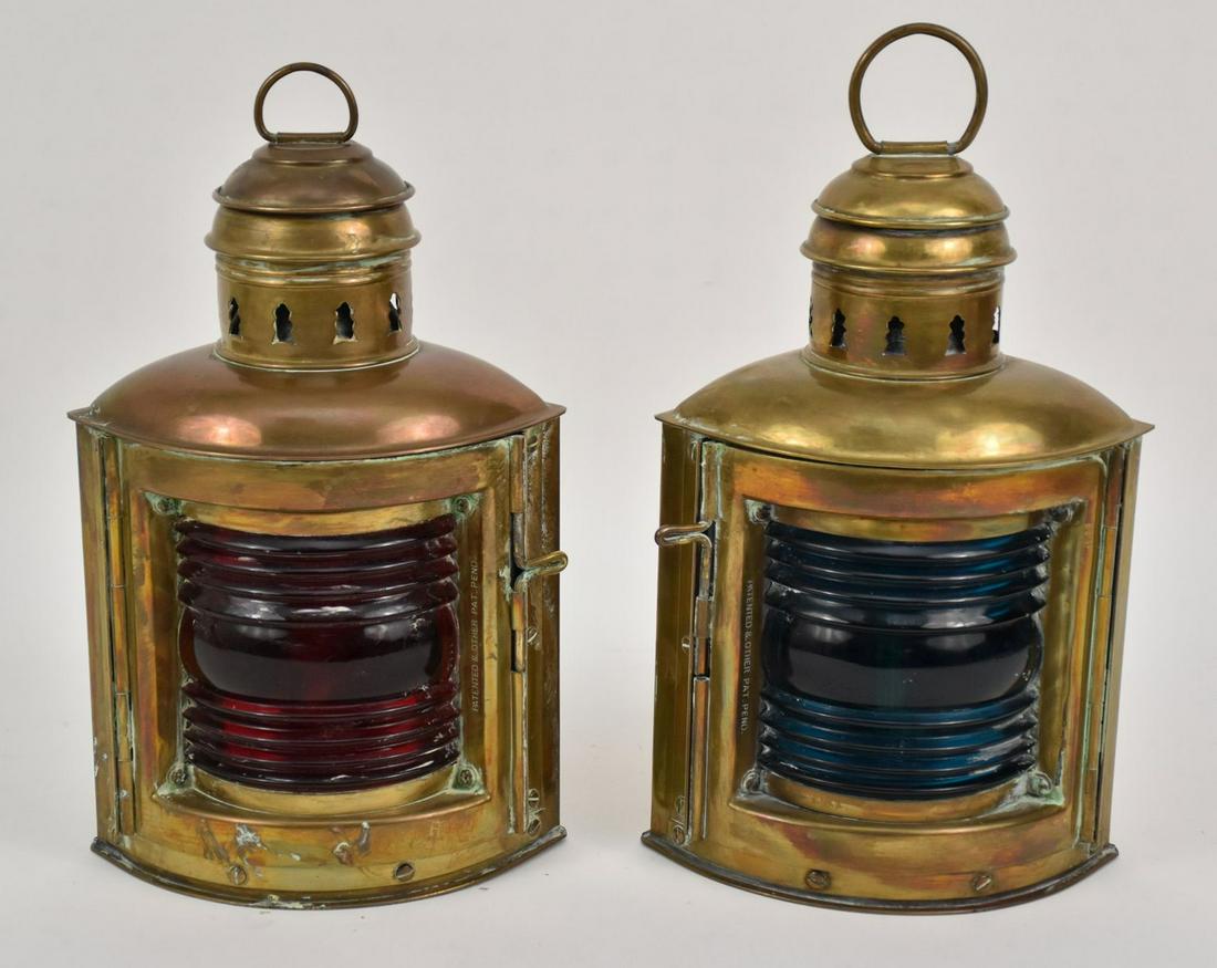 PAIR ANTIQUE PERKO SHIP LIGHTS: Large pair of brass (1 of 10)