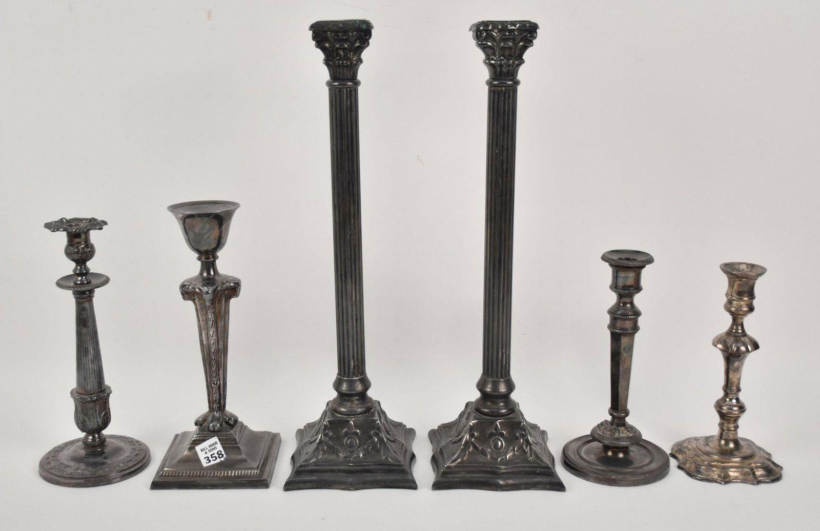 6 Silver Plate Candlesticks, One Pair (17"h) and 4 Odd (1 of 4)