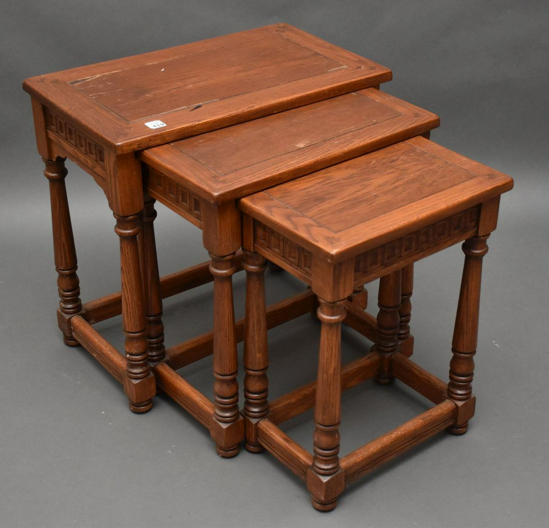 Nest of 3 Oak Tables - Tallest 23 1/4" H x 24" L x 14": Nest of 3 Oak Tables - Tallest 23 1/4" H x 24" L x 14" D; smallest 21 1/2" H