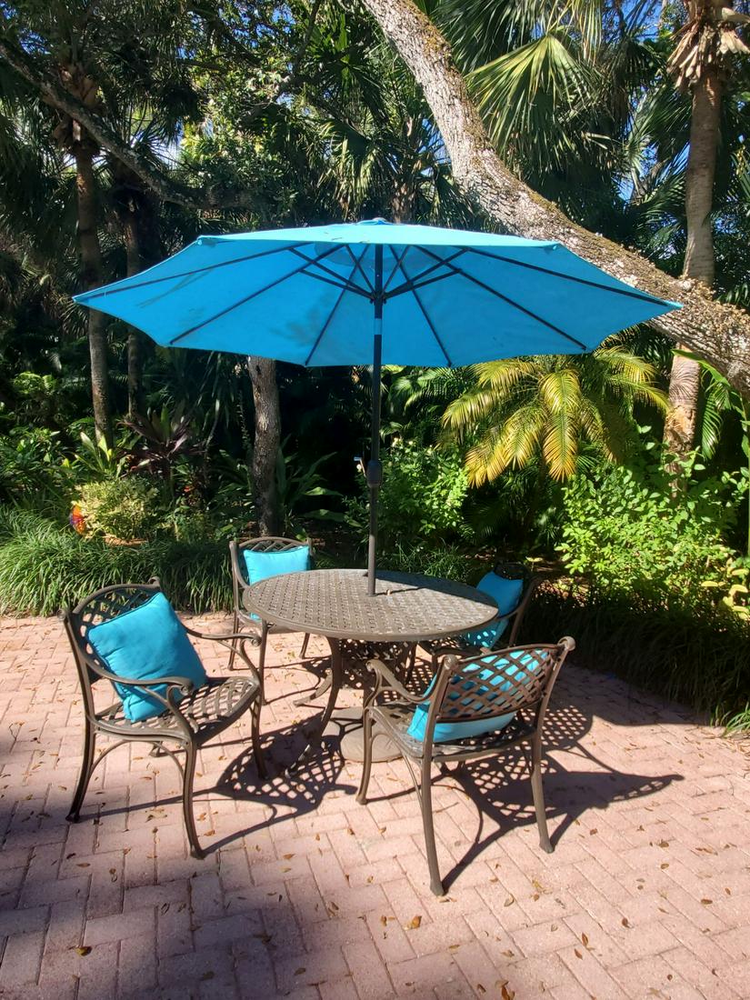Iron Patio Table with 4 Chairs, Umbrella and 2 Lounge (1 of 2)