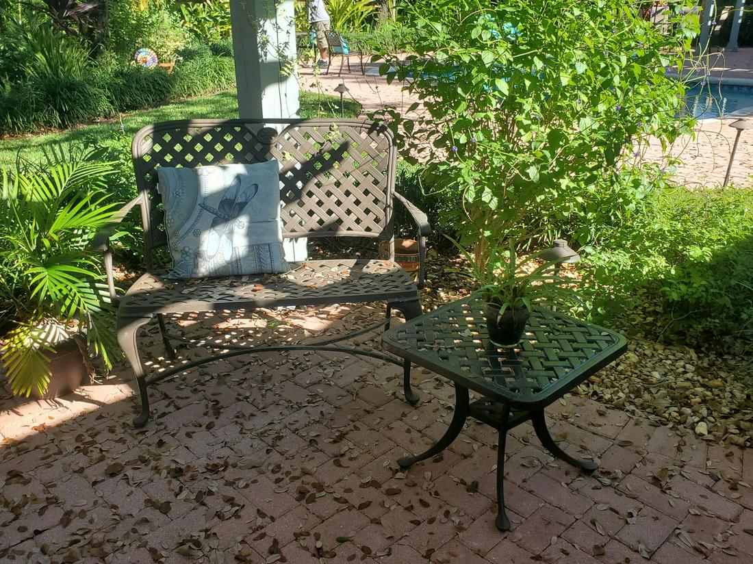 2 Garden Benches, one iron, one metal and small iron: 2 Garden Benches, one iron, one metal and small iron table