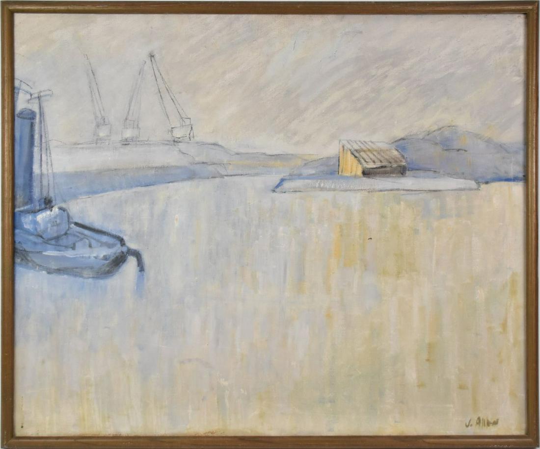 J. Allen signed Industrial Scene, oil on canvas, 28 x: J. Allen signed Industrial Scene, oil on canvas, 28 x 34 inches