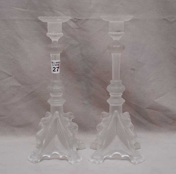 Pair of smokey Val St. Lambert candle holders, 4 bi: Pair of smokey Val St. Lambert candle holders, 4 birds heads adorn the support, 11"h