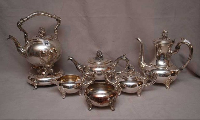 6pc. Silver plate tea service, incl; hot water kett: 6pc. Silver plate tea service, incl; hot water kettle & burner, teapot, coffee pot, covered sugar, creamer & waste bowl