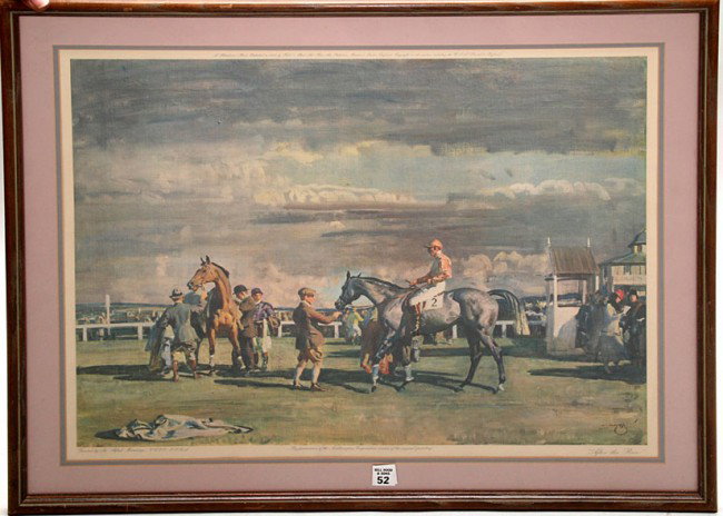 Sir Alfred Munnings, British, 1878-1959, "After th: Sir Alfred Munnings, British, 1878-1959, "After the Race", Frost and Reed, Ltd Fine Art publishers, printed in England, 1951, 19 1/4' X 25", framed