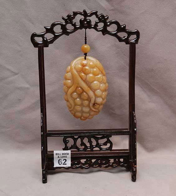 Fine quality Jade carving hanging in stand: Fine quality Jade carving hanging in stand, 10"h x 6"w