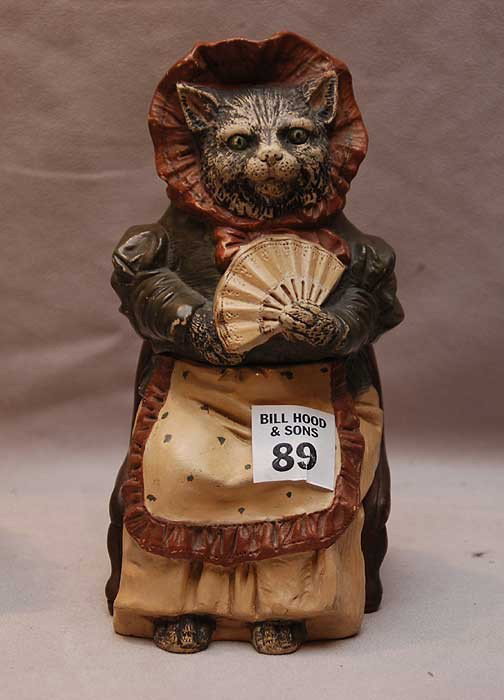 Continental terracotta figural 2pc. Tobacco jar, c.: Continental terracotta figural 2pc. Tobacco jar / Cat Humidor , c. 1900, signed JM, 7"h x 3"w