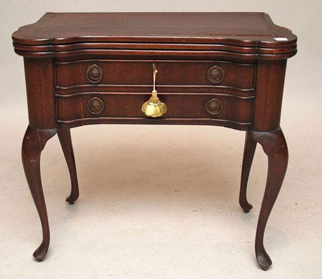 English 19th c. card table with swing legs and 3 hi: English 19th c. card table with swing legs and 3 hinged tops revealing compartment beneath felt lined surface, Queen Ann legs