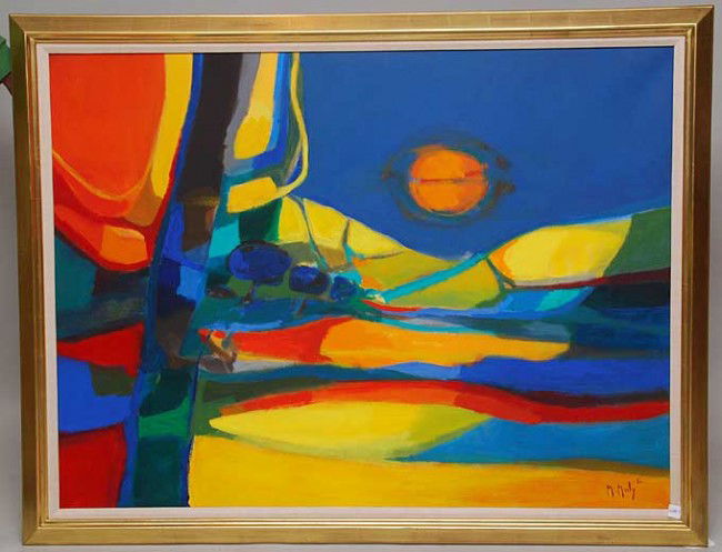 Marcel Mouly FRENCH Large Abstract oil Painting: Marcel Mouly (FRENCH, 1918-2008) oil on canvas, "small valley", signed lower right and signed on verso, dated '80, 51"x38-1/4"