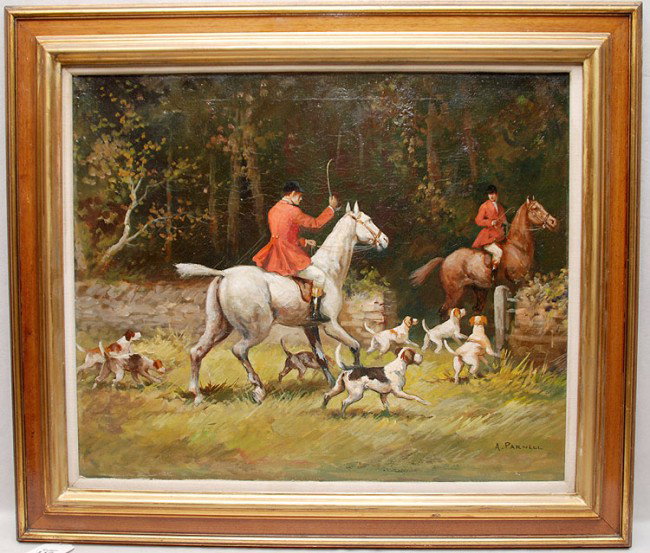 Adrian Parnell (British 20th Century) oil on canva: Adrian Parnell (British 20th Century) oil on canvas, Hunting Scene, slr 20"x24"