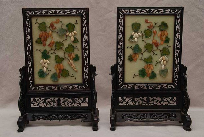 Pair of Chinese jade table screens with applied s: Pair of Chinese jade table screens with applied stone in carved wood frames, 12 1/4"h x 8"w x 3 3/4"d