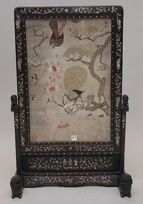 19th c. Chinese mother of pearl inlaid table scre: 19th c. Chinese mother of pearl inlaid table screen with silk embroidery of birds & trees motif, mythological animal supports, 33"h x 16"w x 9 3/4"d