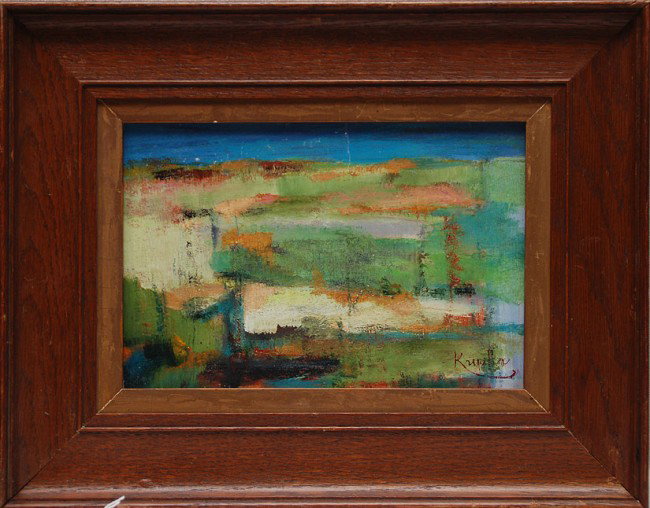 20th CENTURY oil on board, signed lower right KUPK: 20th CENTURY oil on board, signed lower right KUPKA (Franz Kupka?), "Abstract Landscape", size 10" x 7 ¼", framed