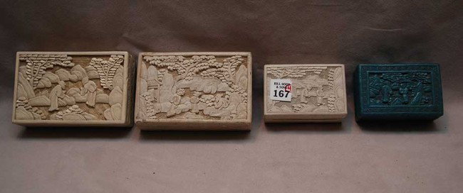 4 early 20th c. cinnabar boxes (3 white and 1 gree: 4 early 20th c. cinnabar boxes (3 white and 1 green)