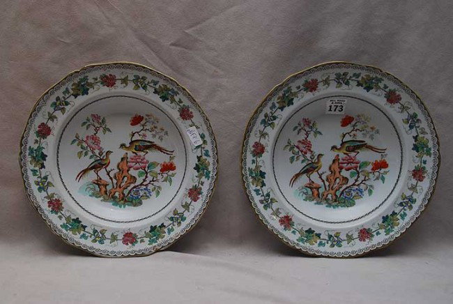 Pair English ironstone 19th c. soup bowls hand pai: Pair English ironstone 19th c. soup bowls hand painted grape & leaf border with bird centers, 10"dia